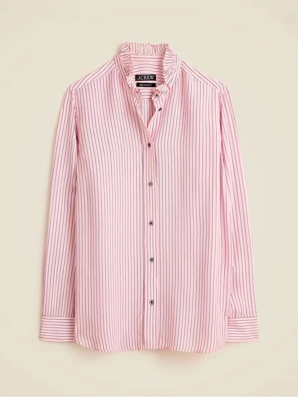 NWOT J. Crew Pink and Black Stripe Ruffle-Collar Button-Up Shirt